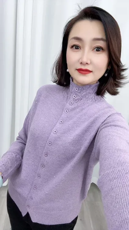 细闪蜜熊【绵羊毛】亮片开衫翻领保暖钩花毛衣时尚百搭气质