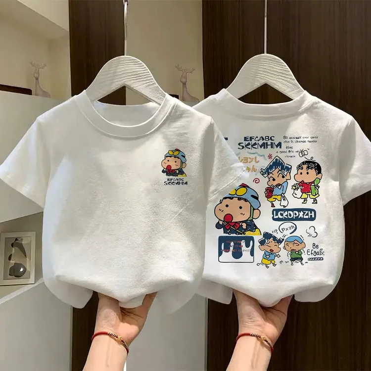 纯棉男童女童纯色透气短袖圆领中小儿童卡通印花蜡笔小新T恤童装