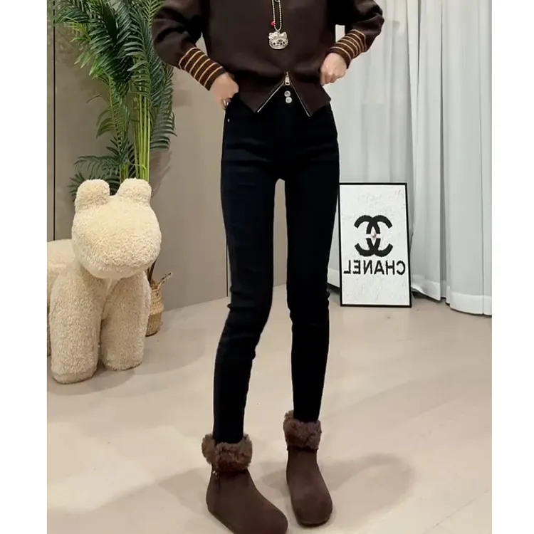 大码黑色小脚牛仔裤女秋冬加绒高腰弹力紧身显瘦小个子九分铅笔裤