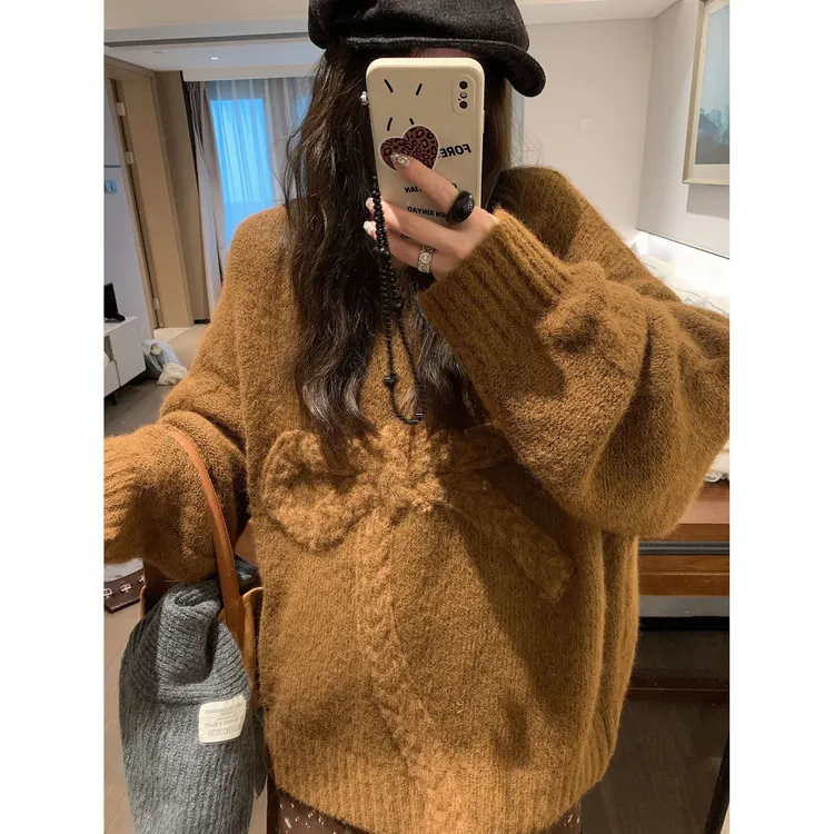 设计感蝴蝶结宽松套头ins毛衣冬季女秋冬软糯温柔慵懒针织衫上衣