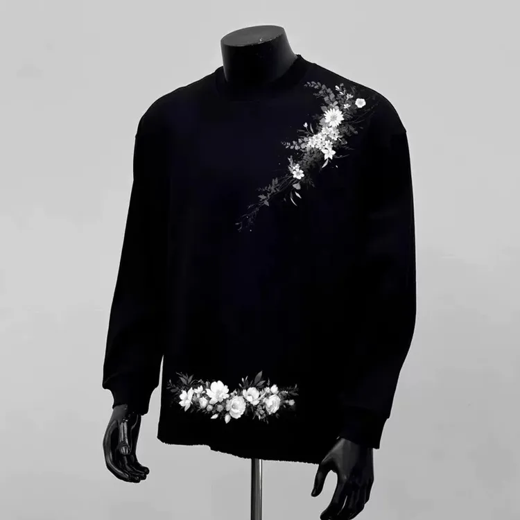 230g！重磅不透潮流简约国风花卉印花秋冬长袖百搭宽松上衣透气