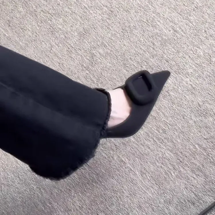 不累脚法式尖头细跟高跟鞋女2024新款方扣浅口单鞋黑色通勤工作鞋