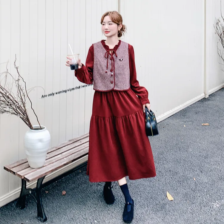 安可拉红小香风马甲连衣裙套装女2025秋季新高级感气质长裙两件套