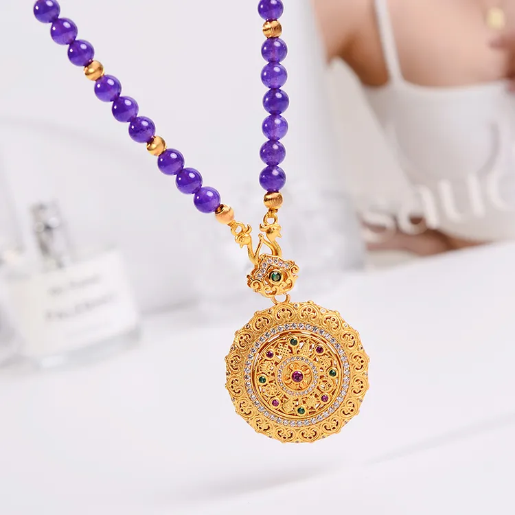 铜合金项链  新中式可转动紫色八宝罗盘项链女原创长款高级配饰品