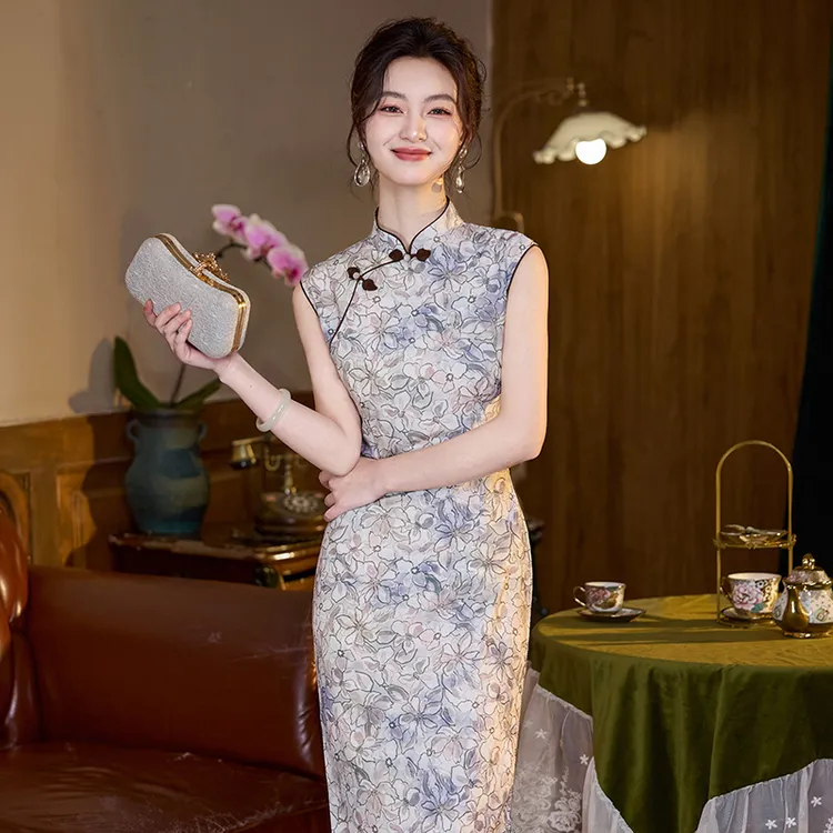 紫色印花无袖旗袍2025年新款年轻女日常可穿高端夏季复古收腰显瘦