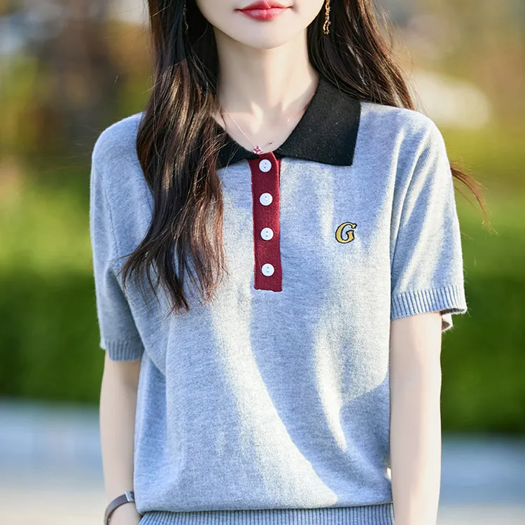 哥弟阿玛施正品夏季新款韩版POLO领拼色刺绣洋气减龄百搭针织短袖