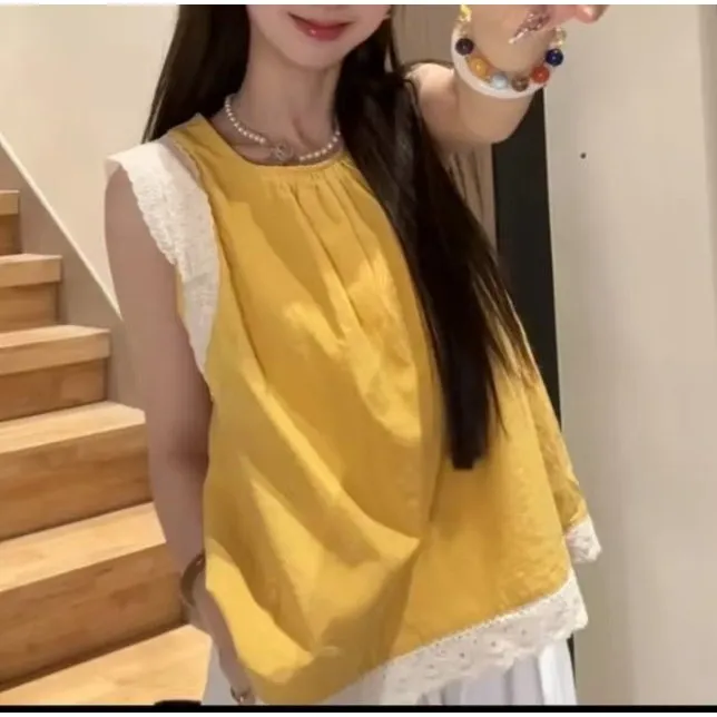 【福利款】2025夏季娃娃衫蕾丝花边拼接无袖设计感显瘦衬衫女-9001