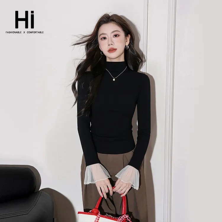 HI【嗨牌·半高领长袖】秋冬荷叶袖亲肤内搭纯色修身打底衫TJ2456