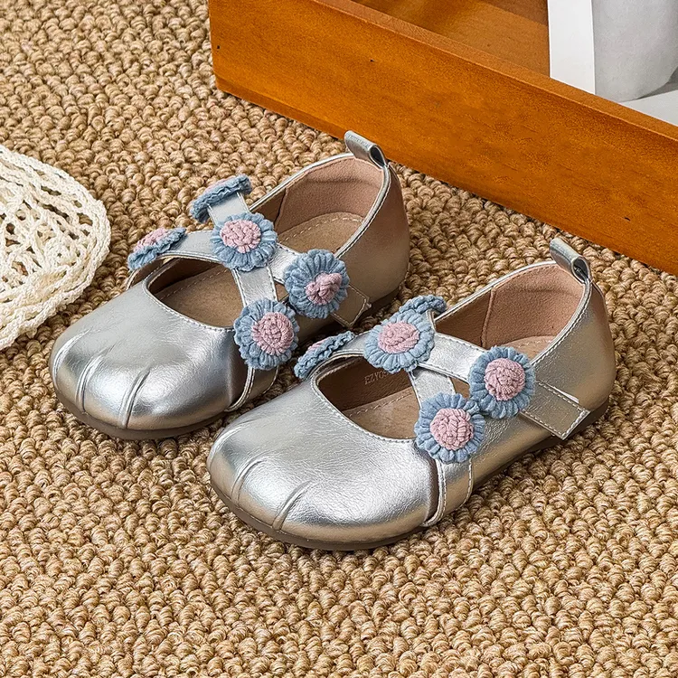 NIXIL 银色做皱女童皮鞋秋新款儿童公主鞋宝宝花朵浅口单鞋软底潮