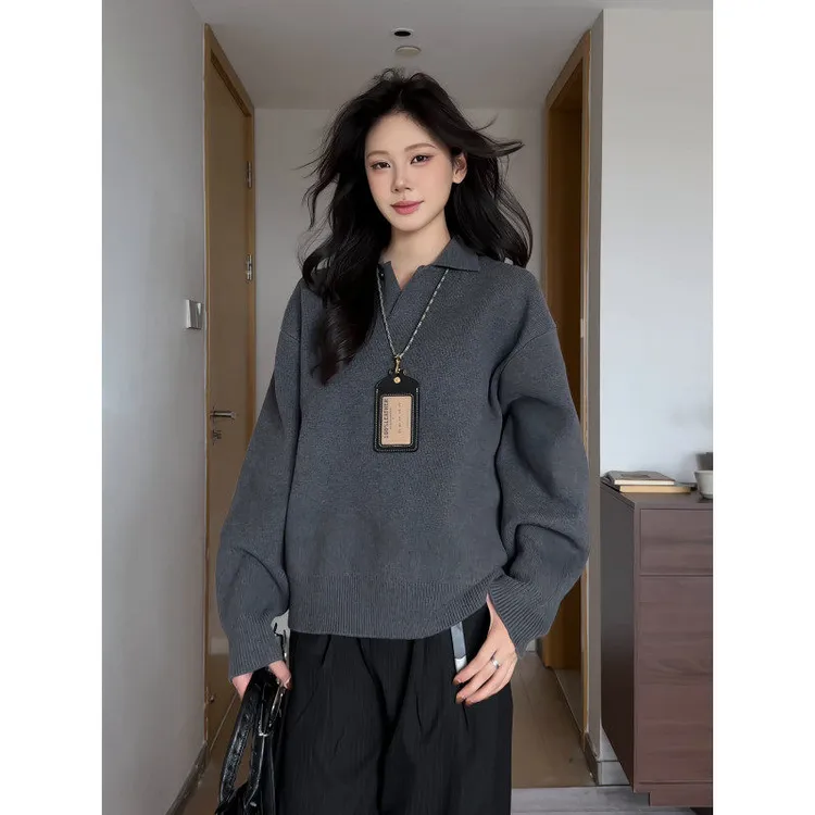 老钱风polo领针织衫男女款秋季正肩灰色毛衣慵懒风高级感情侣外套