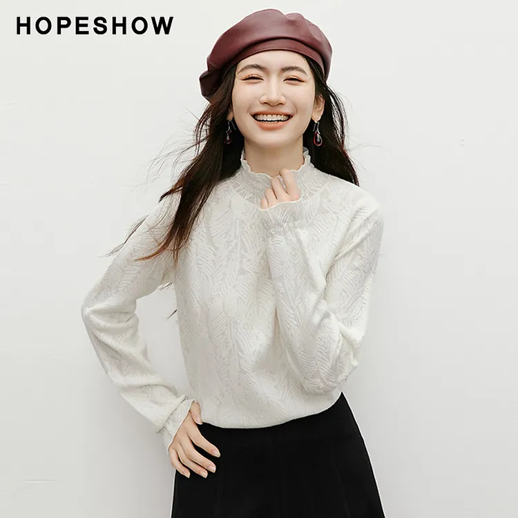 红袖2025冬女装 提花木耳边正肩喇叭袖立领套头针织衫90125360102