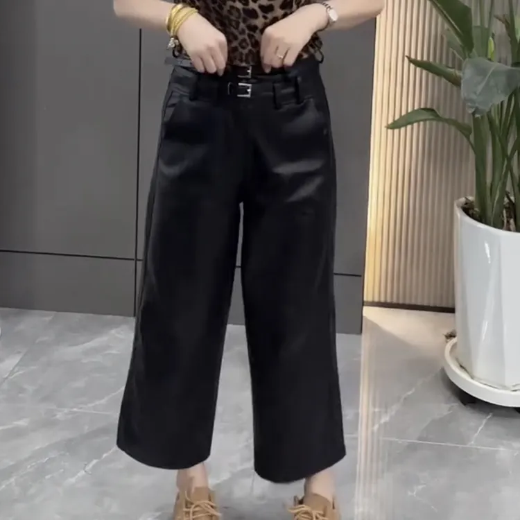 双腰带高腰显瘦直筒弯刀蛋白皮裤女秋冬新款时尚百搭