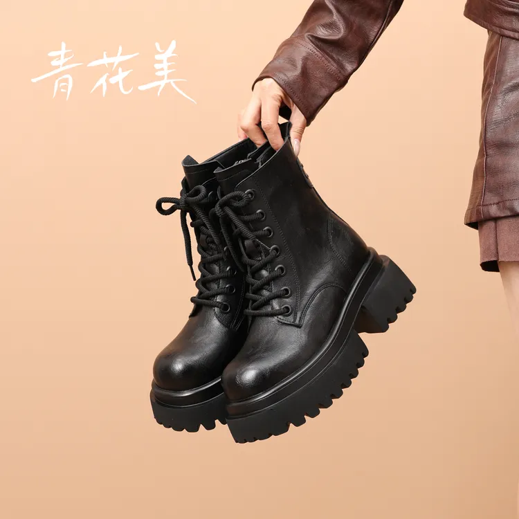 厚底马丁靴女款2025新款英伦风秋冬季加绒高跟小个子增高黑色靴子