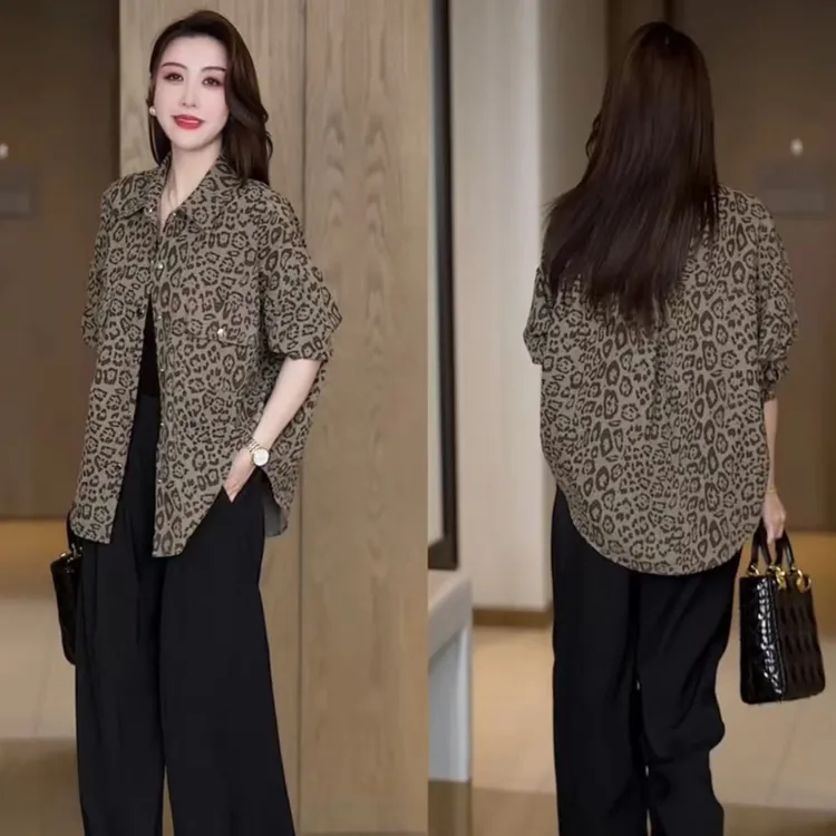 2025秋季新款气质显瘦衬衣时尚复古豹纹宽松衬衫中老年百搭上衣女