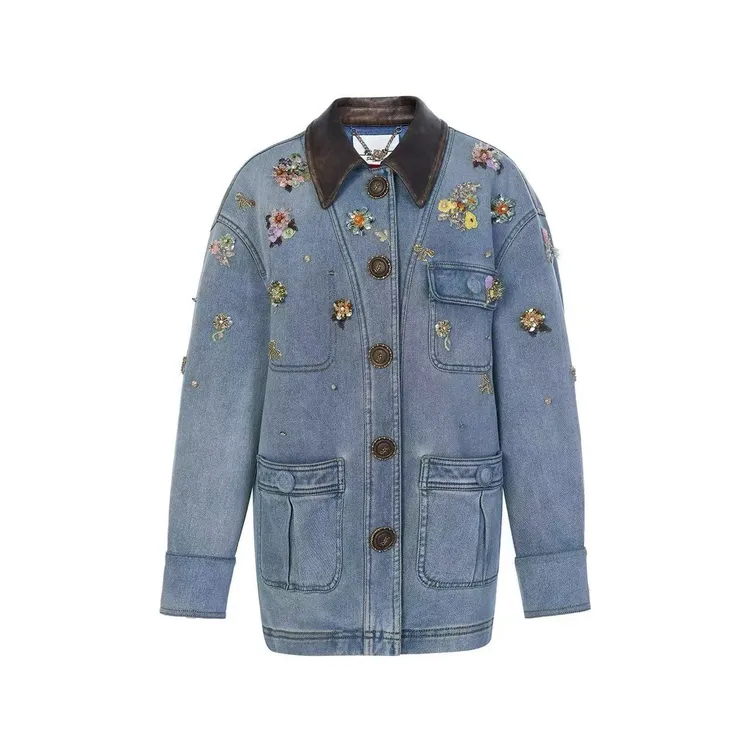 LeFame/拉飞姆25冬时尚廓形巴恩风花朵珠饰牛仔上衣LF25D21NC030