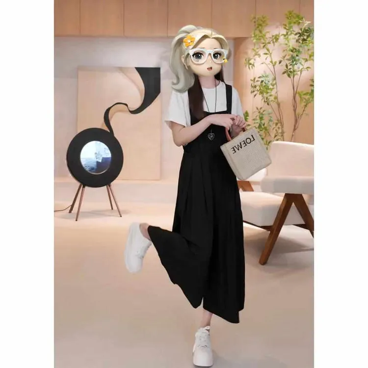 2025夏季韩版松弛宽松抽绳收腰显瘦阔腿连体背带裤女高级感休闲裤