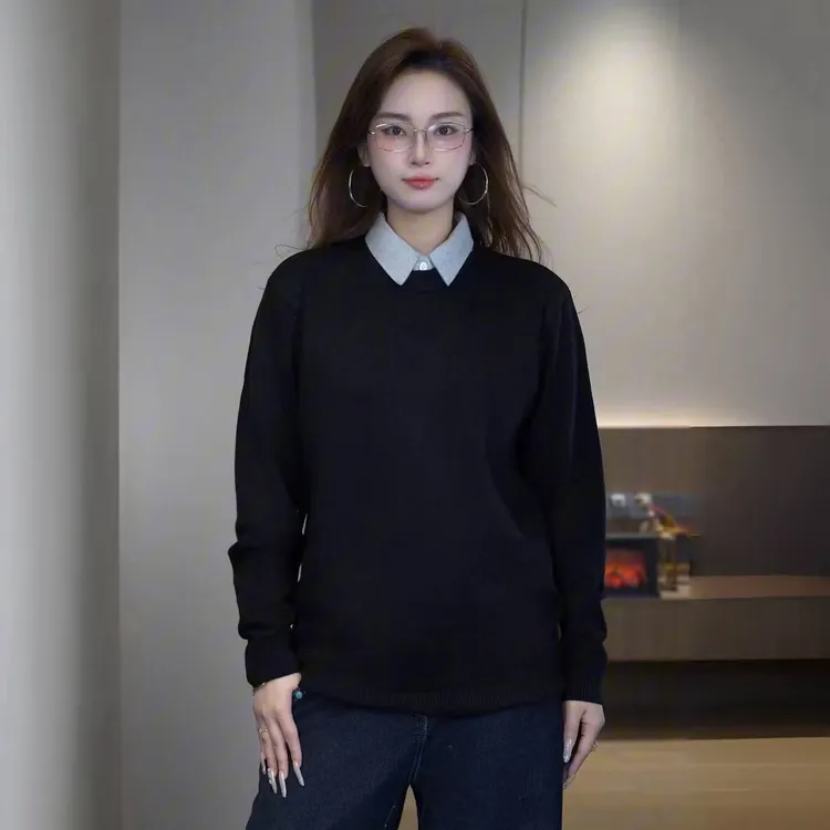 保暖针织毛衣圆领假两件针织衫修身男女士老钱风百搭纯色秋冬长袖