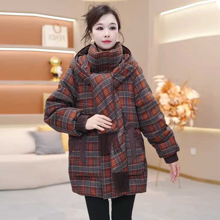 格纹新款时尚气质保暖连帽加厚羽绒服宽松2025年冬季SJYH3901
