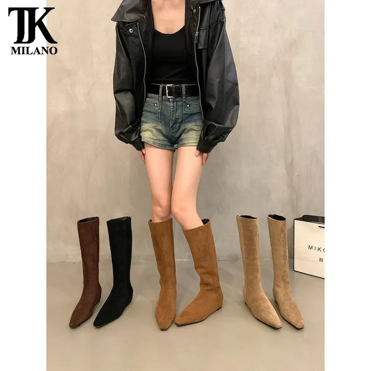 【T&K轻奢专柜】内增高复古卡其色不过膝瘦瘦靴中长靴年新款秋冬