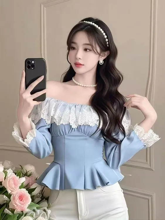 SS1180超好看设计感小众法式独特绝美上衣高级感蓝色蕾丝边衬衫女