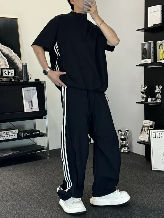 非凡-夏季新款美式潮流简约条纹设计感套装休闲短袖衬衣长裤568