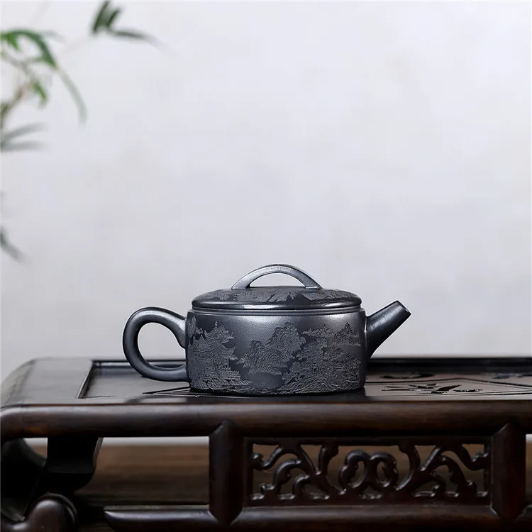 宜兴手工紫砂壶原矿石黄手工刻绘山水汉瓦功夫泡茶壶茶具套装