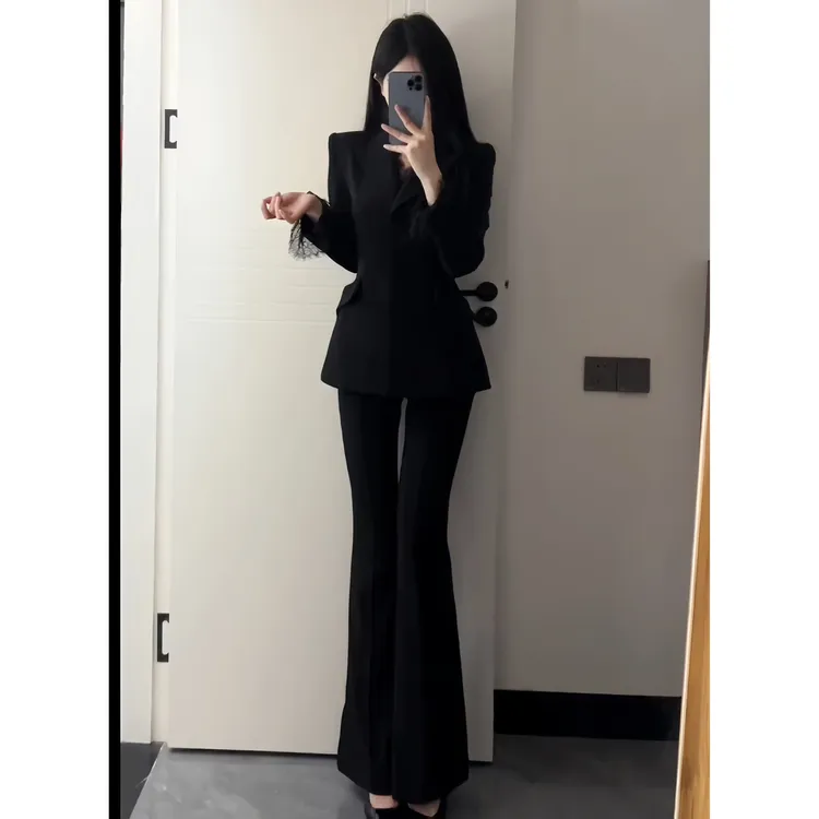 黑色系时尚蕾丝拼接西装套装女高端定制设计感气质名媛新款西服