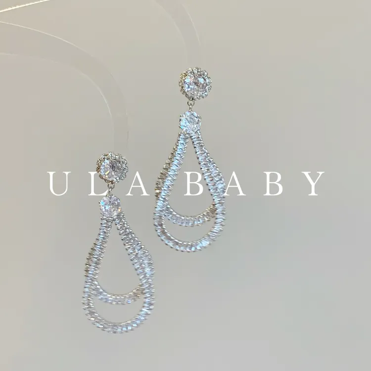 铜合金合成锆石耳饰 【喜儿ula】10-14-4超闪水滴流苏双层轻奢耳钉