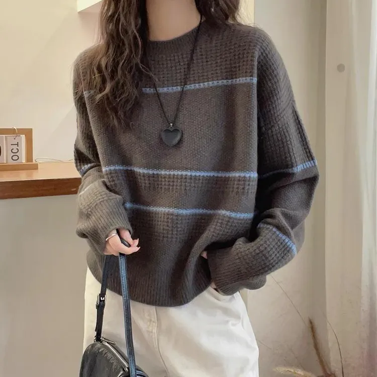 哥弟阿玛施正品大码时尚条纹拼接圆领长袖针织衫春季新款显瘦洋气