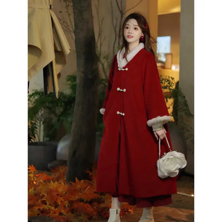 瑶西【冬日玫瑰】冬装改良国风大衣高品质显瘦气质红色中长款加厚
