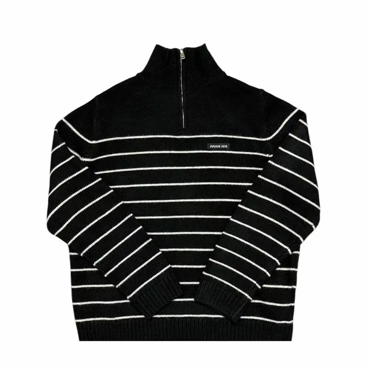 [X]黑色条纹款半拉链休闲潮流针织儿童羊毛北极绒毛衣（暖暖冬日）