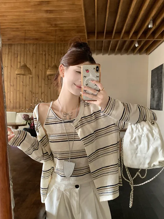 【夏日航海系列】夏季新款松弛条纹针织衫防晒衫甜美休闲两件套装女