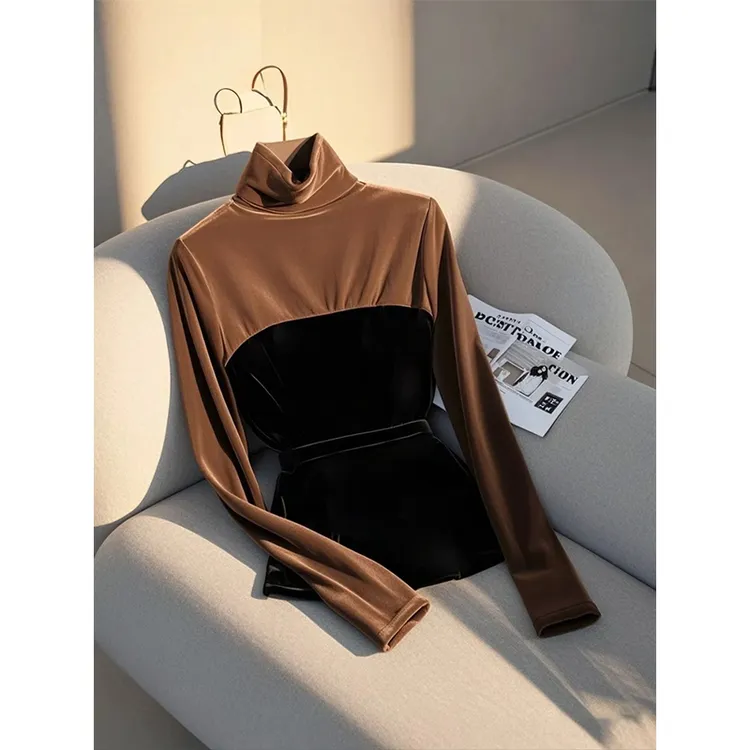 今年流行欧货独特别致打底衫女款秋冬内搭撞色丝绒加厚上衣高级感