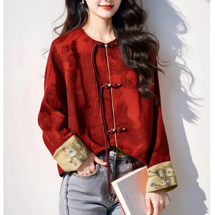 新中式女装中国风红色盘扣流苏外套女2025春季新款小香风提花上衣