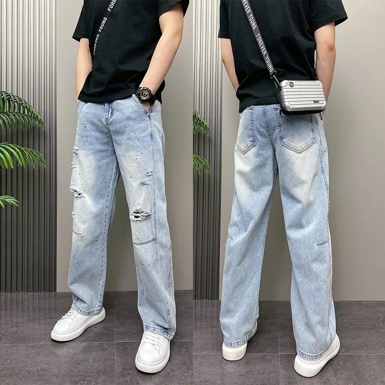 2025年夏季薄款潮流韩版破洞水洗磨白个性油漆脏脏蓝色牛仔裤男式