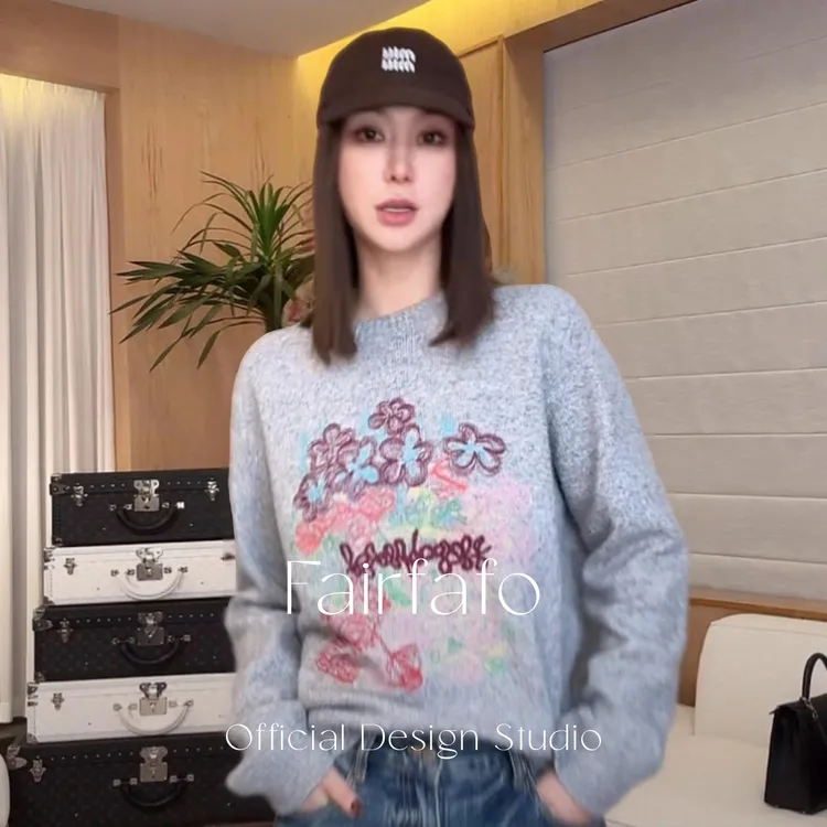 【圆领花朵刺绣毛衣】RQMY58285秋冬新款韩系舒适潮流百搭休闲毛衣