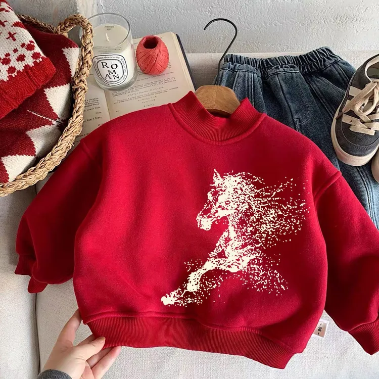 冬季男女童加绒加厚圆领2026印花儿童新款百搭卫衣中小童休闲上衣