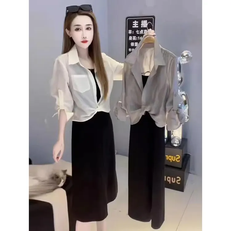 韩系小个子时尚爆款套装女夏季新款长袖防晒开衫吊带连衣裙两件套