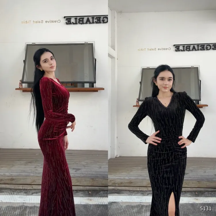 V领花边长袖连衣裙女秋冬开叉包臀鱼尾裙优雅气质长裙YF5131