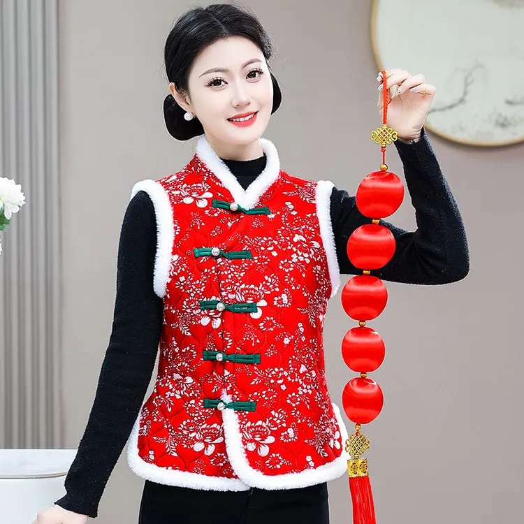 花棉袄女冬季新款东北马甲妈妈马夹秋冬装加绒立领坎肩中老年国风