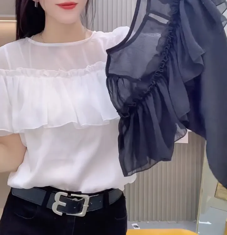 洋显瘦木耳边披肩袖打底小衫