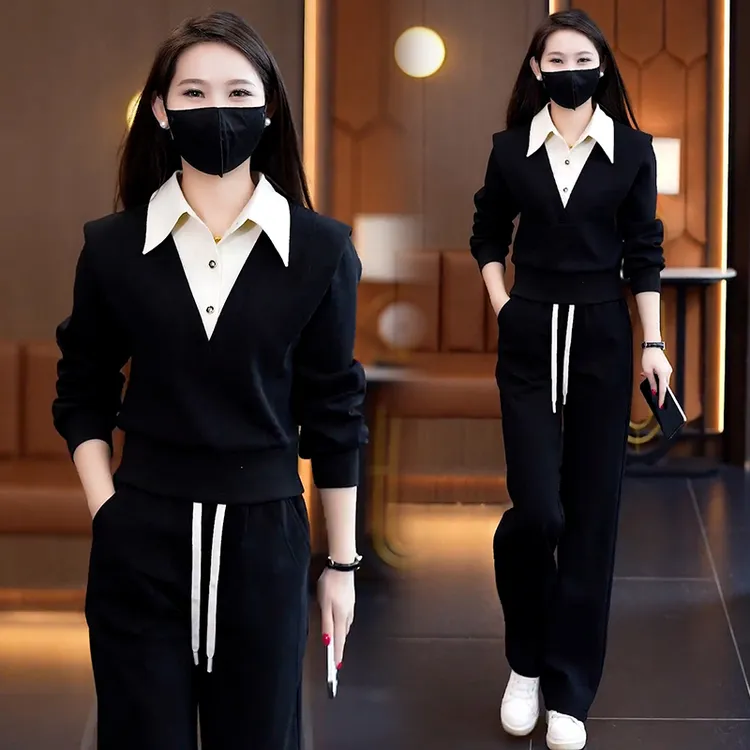 高含棉休闲时尚套装女2025春秋新款收腰显瘦拼色卫衣阔腿裤两件套