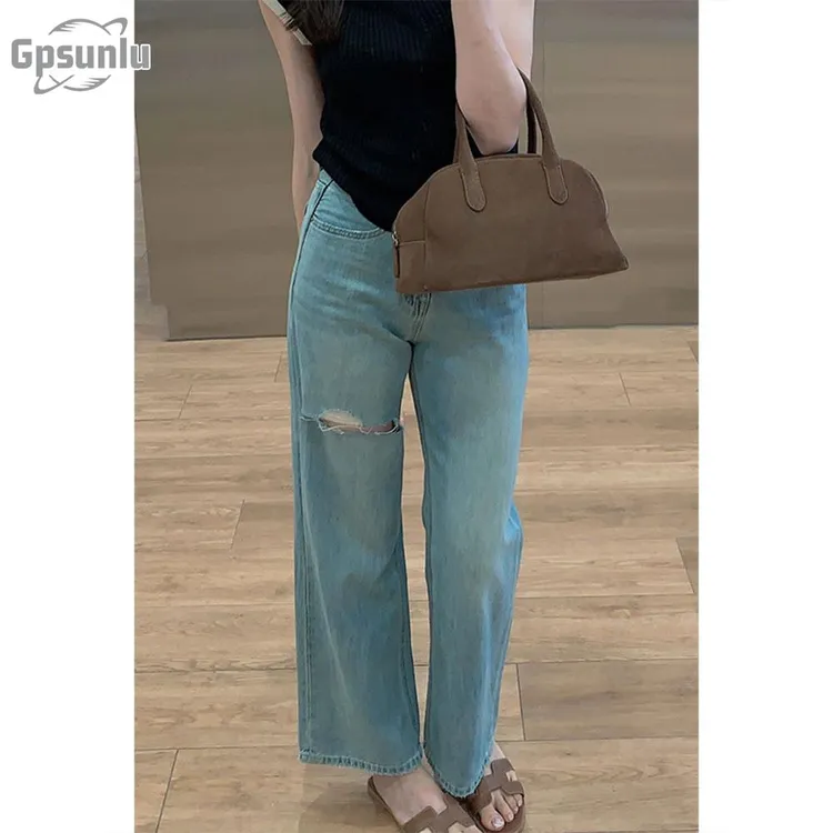 gpsunlu春夏季新款温柔穿搭阔腿裤子高腰显瘦破洞直筒牛仔裤女装