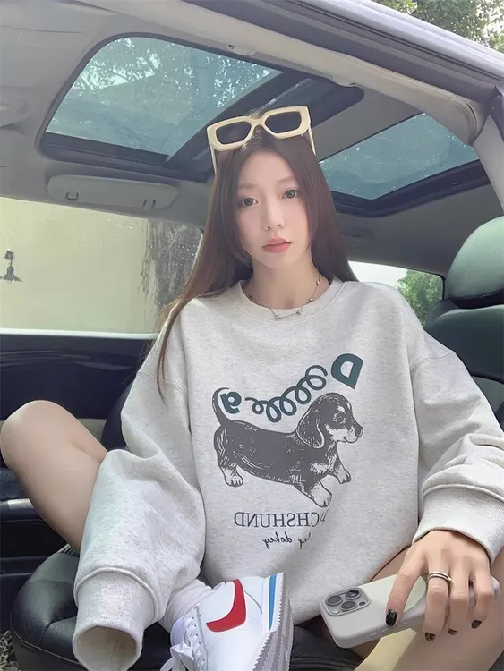 美式可爱狗狗印花套头卫衣女春秋薄款oversize慵懒风宽松休闲上衣