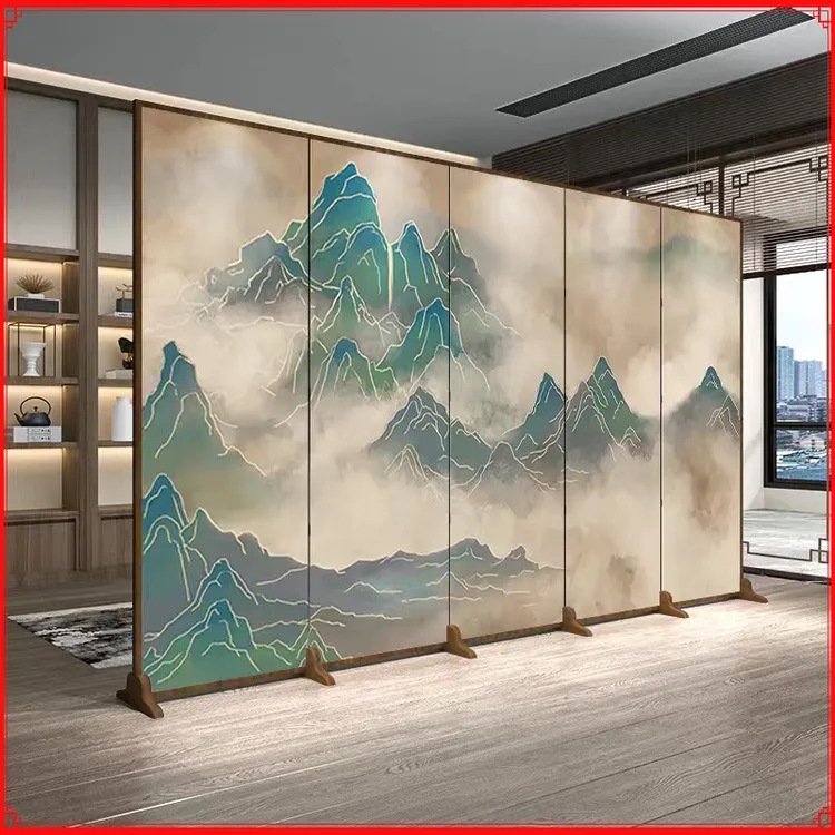 木质屏风可移动隔断客厅玄关装饰茶室酒店山水折屏折叠隔断屏风