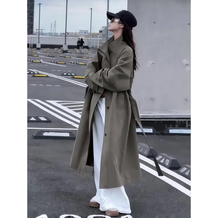 绿色立领风衣外套女中长款2025春秋新款韩系休闲英伦风小个子大衣