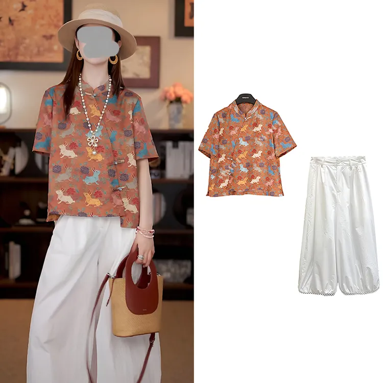 夏季减龄一整套穿搭小个子大方得体高级感新中式国风立领盘扣套装