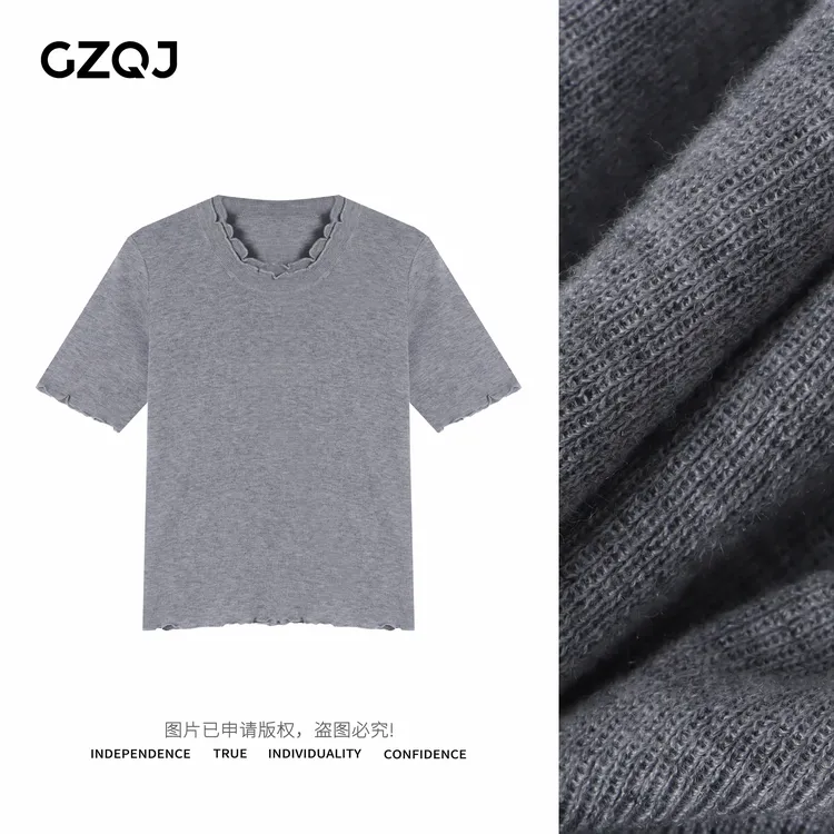 广州琴姐【浪花切片】欧若风显瘦木耳边圆领针织短袖T恤女春夏08003