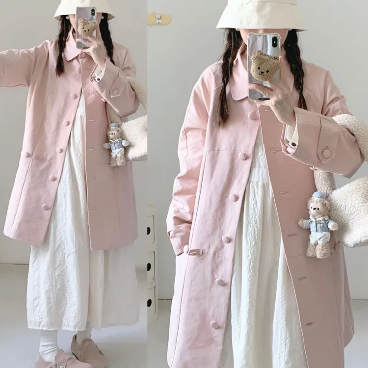 韩版减龄粉色风衣外套女2025春秋新款小个子中长款开衫大衣学院风