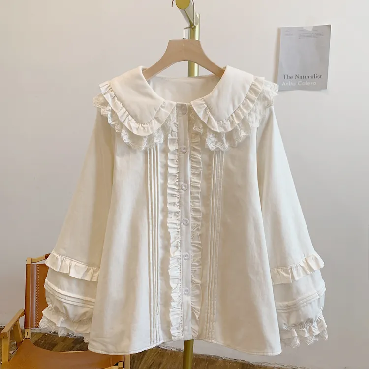 无暇3346夹棉风琴褶蕾丝边全开扣娃娃领棉衬衫